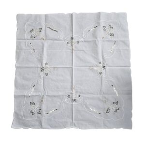 Vintage Embroidered Linen Table Topper - Candle & Floral Cutwork